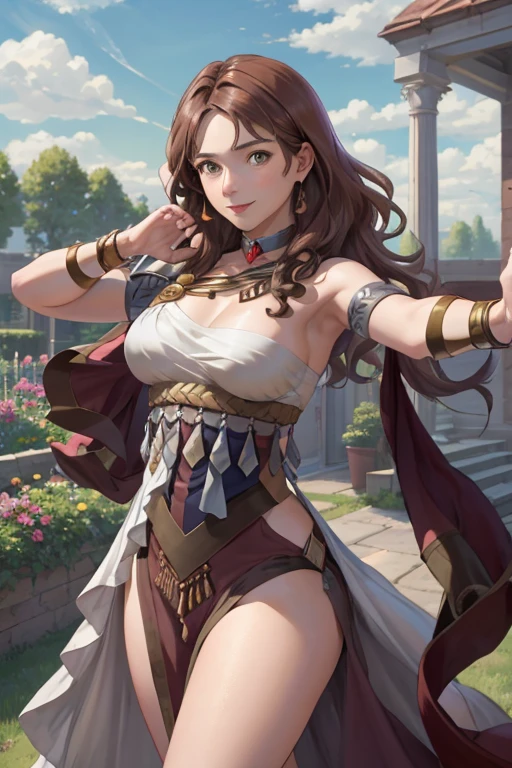 Masterpiece, Best Quality, Dorothea Arnault, dorothea (time jump), Brown hair, big breasts, red dancer costume, looking at the viewer, SMILE, sky, clouds, garden, cowboy shot, wide,