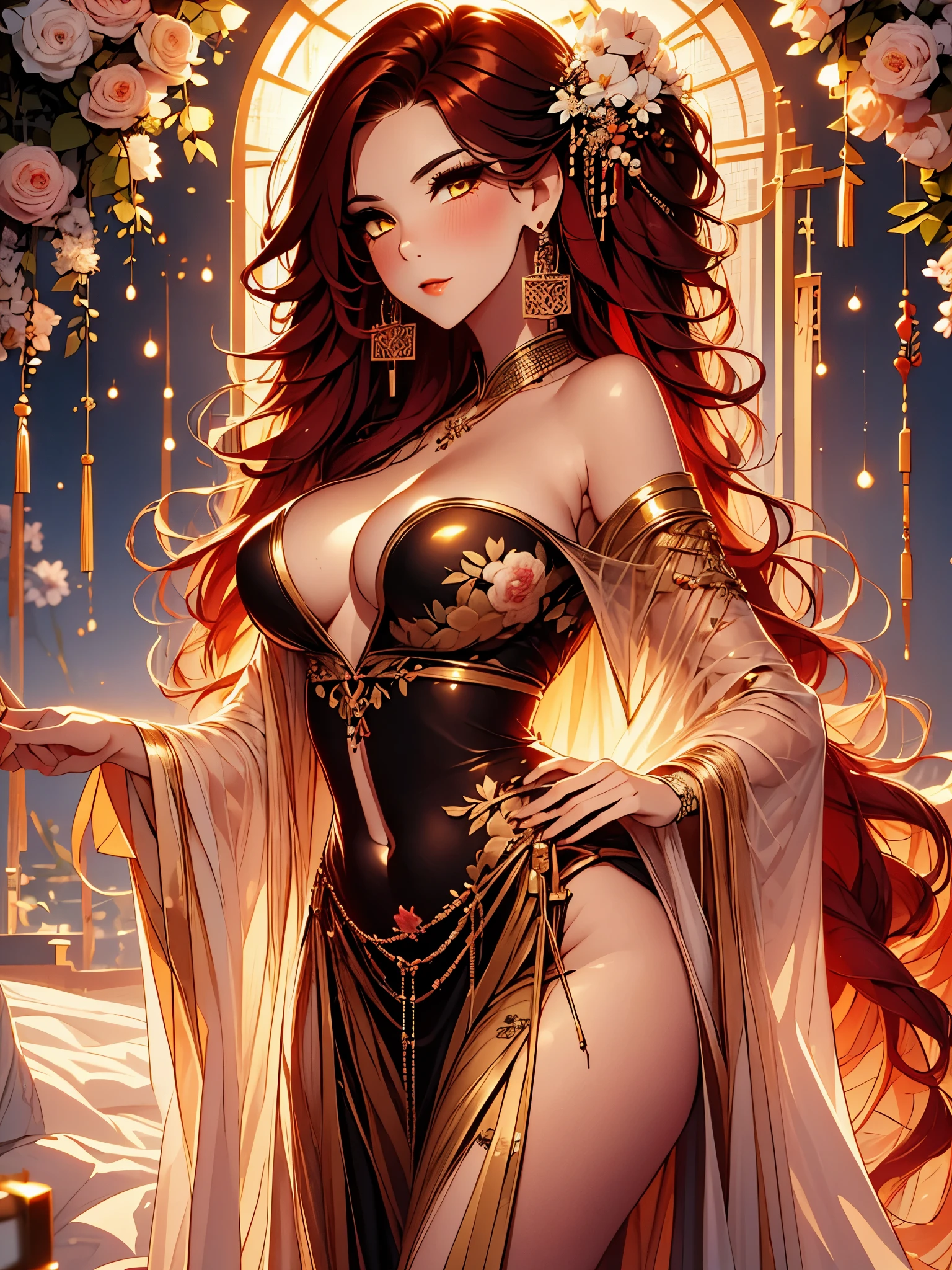 Xian Mei, blonde, colorful feather, metal ornaments, colorful flowers, particles, light, (masterpiece, high quality, high quality, official art, beautiful and aesthetic: 1.2), (1 girl: 1.3), very detailed ,(Fractal Art:1.1),(Colorful:1.1)(Flowers:1.3),Most Detailed,(Dynamic Pose),(Abstract Background:1.3),(Shiny Skin),(Many Colors:1.4), ,(Earrings: 1.4 ), (pen:1.4),masterpiece, most excellent quality, 20 years old, Full body, mature woman, beautiful mature woman, captivating smile, black dress, full lips, blush, looking at the audience, provocative expression, Cleavage, attractive face, naughty face, inviting gaze, expression of emotion, portrait, beautiful accessories, clothing details, cinematic lighting, film grain, light and dark contrast, 8k, masterpiece, very detailed, attention to detail, high quality, high definition, masterpiece, high quality, very detailed, Cowboy Shot, Looking at the audience, Outdoor, blush, 1 girl, (masterpiece: 1.3), (high definition), (8k), (very detailed), perfect face, beautiful eyes and face, (( (Excellent quality) )), (Very detailed), Detailed face and eyes, (alone), High definition、Beautiful eyes,(((Sexy pose)))、(((Full body depiction))) red wavy hair, golden eyes,