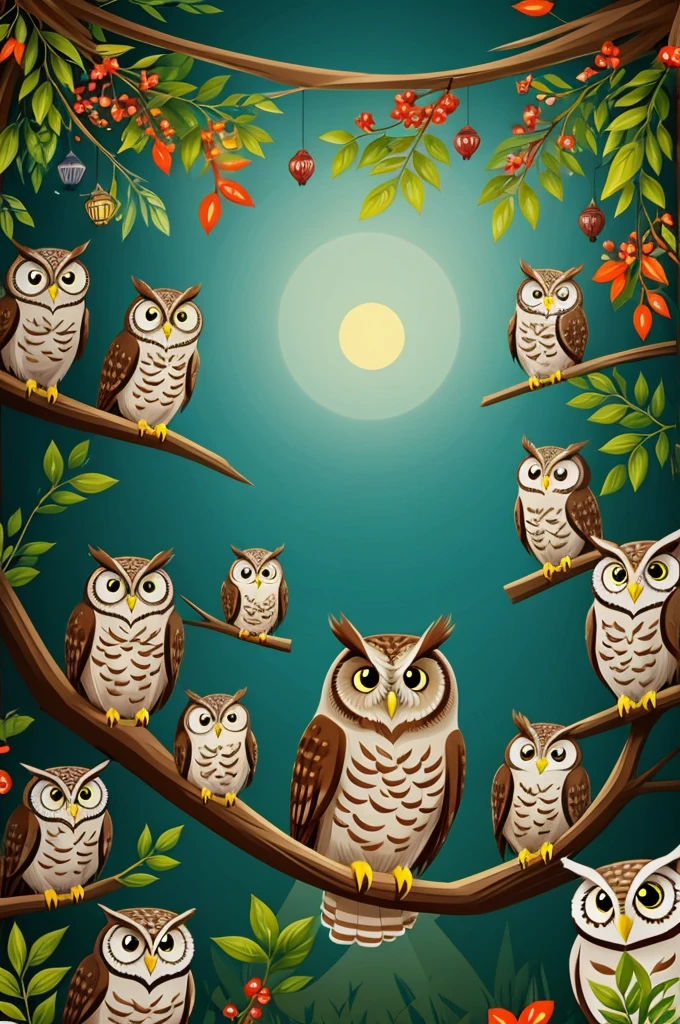 I want a background for a story with a curious owl theme. I want it to be created with cartoons. 
