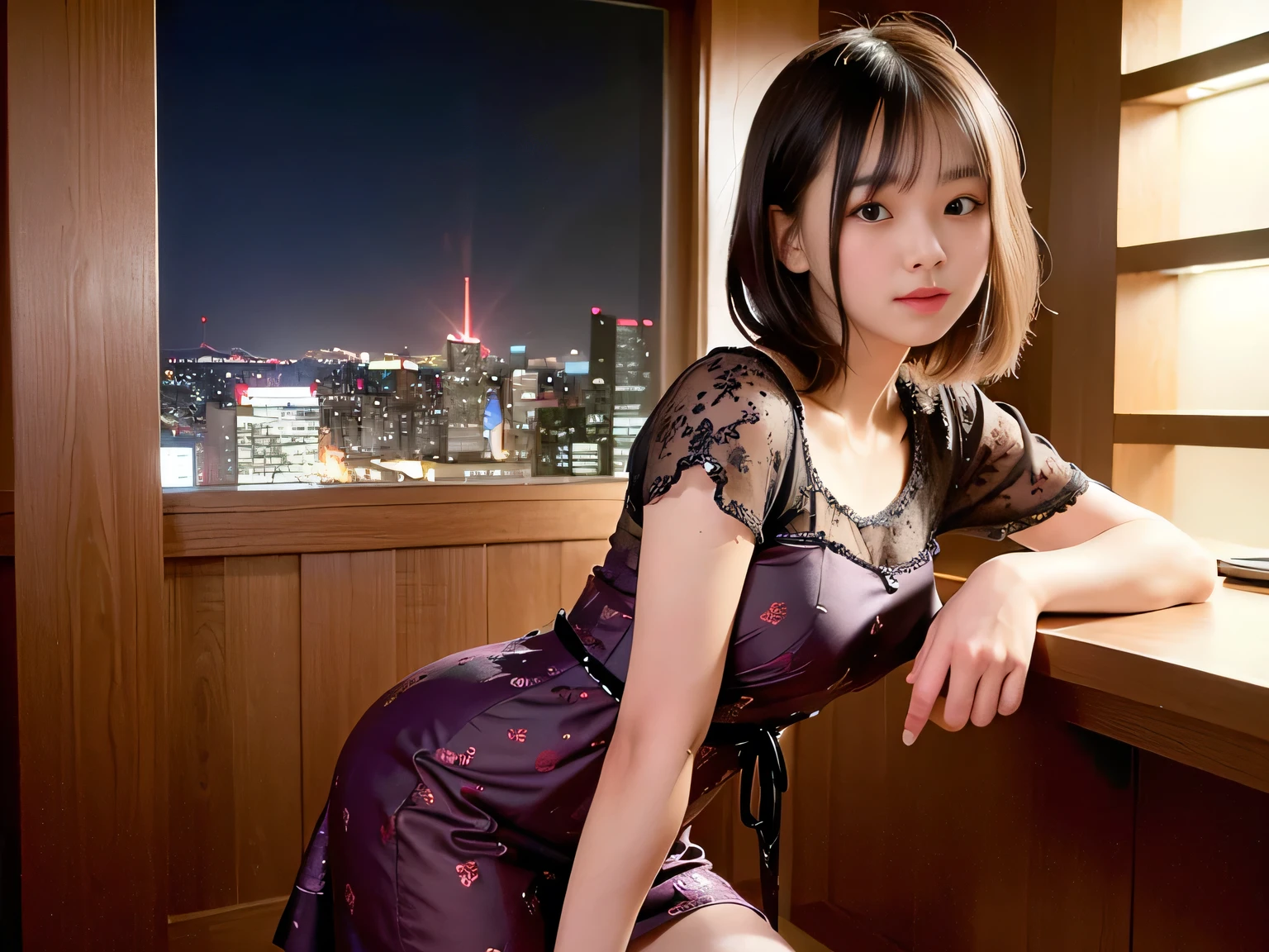 (Highest quality, masterpiece, Ultra-high resolution, 8k, RAW Photos, Realistic, Anatomically correct:1.5), 20-year-old girl:1.2, Embarrassing, avert your eyes, blush:1.0, View Viewer, ((bar)) 、Large windows、Night view、 Light:1.2, Bokeh, Cinema Lighting:1.0, Depth of written boundary, sharp、 Cute Face、Idol、Wine colored short sleeve lace top、Black pleated skirt、Shiny wine-colored clothing、”dwarf”、(Floral clothes)、(Full Body Shot)、Side angle、Cowboy Shot、 smile、((Ultra short hair、Berry Short))、(Straight bangs)、((See-through))、(( One Girl))、Waist、I can see your thighs、