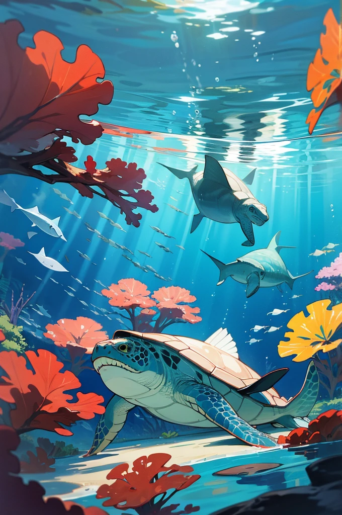 anime style, super fine illustration, highly detailed, dynamic angle, beautiful detailed, 8k, In the summer, at midday, underwater, BREAK shark swim in schools, surrounded by colorful corals on the seabed. A graceful sea turtle swims among them. BREAK A gentleman swims happily around, smiling occasionally. BREAK Sunlight filters through the water, brightly illuminating the scene. BREAK Everyone is enjoying the underwater world.masterpiece,best quality,super detailed,super fine illustration,8k,pov