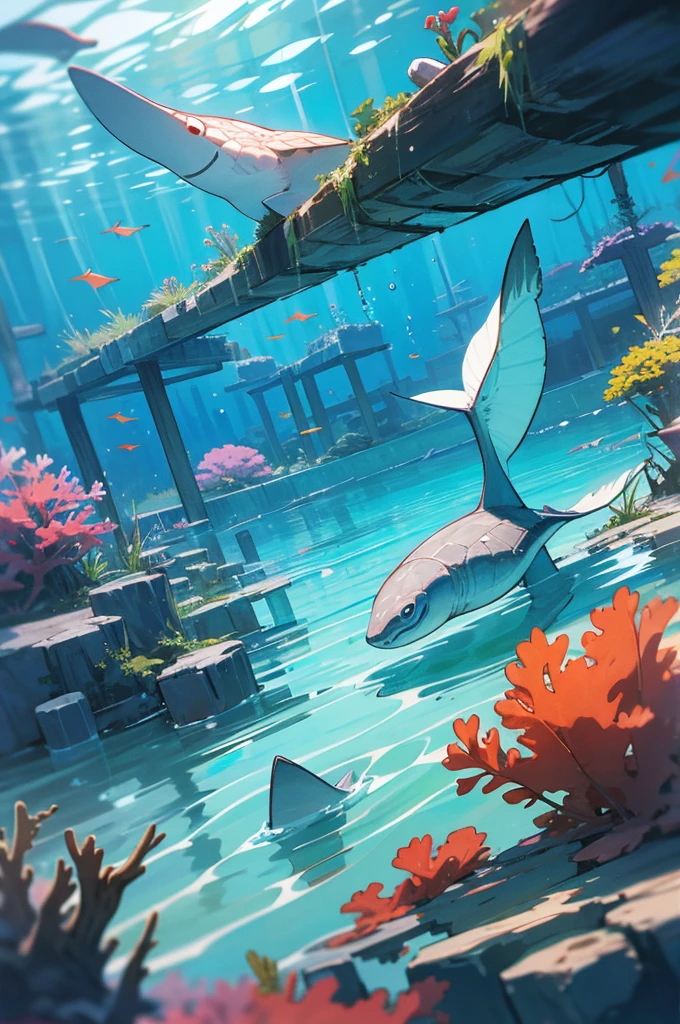 anime style, super fine illustration, highly detailed, dynamic angle, beautiful detailed, 8k, In the summer, at midday, underwater, BREAK shark swim in schools, surrounded by colorful corals on the seabed. A graceful sea turtle swims among them. BREAK A gentleman swims happily around, smiling occasionally. BREAK Sunlight filters through the water, brightly illuminating the scene. BREAK Everyone is enjoying the underwater world.masterpiece,best quality,super detailed,super fine illustration,8k,pov