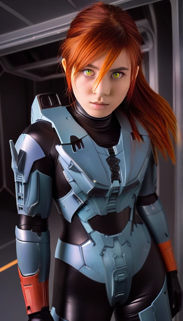 1 Girl、((glowing eyes, red eyes)), Medium Bust、solo、red Hair、Braid、Mobile Race Suit、Shoulder Armor、ceiling、Wide Shot、Looking Ahead、zipup suit 、Closed Mouth、Highest quality、medium quality、22 years old、Mobile Trace System、cockpit、Asian、CyborgCosplay
