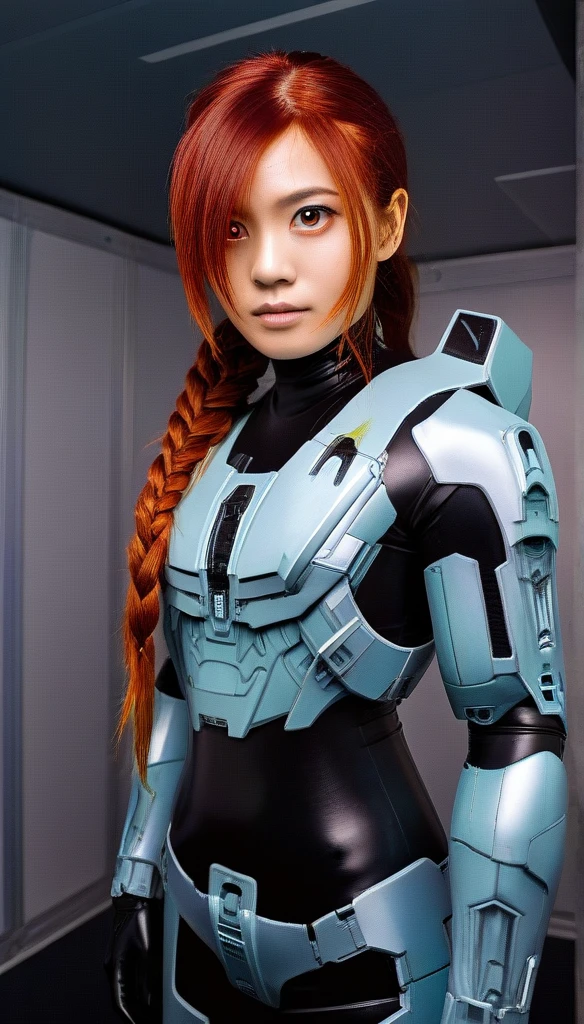1 Girl、((glowing eyes, red eyes)), Medium Bust、solo、red Hair、Braid、Mobile Race Suit、Shoulder Armor、ceiling、Wide Shot、Looking Ahead、zipup suit 、Closed Mouth、Highest quality、medium quality、22 years old、Mobile Trace System、cockpit、Asian、CyborgCosplay