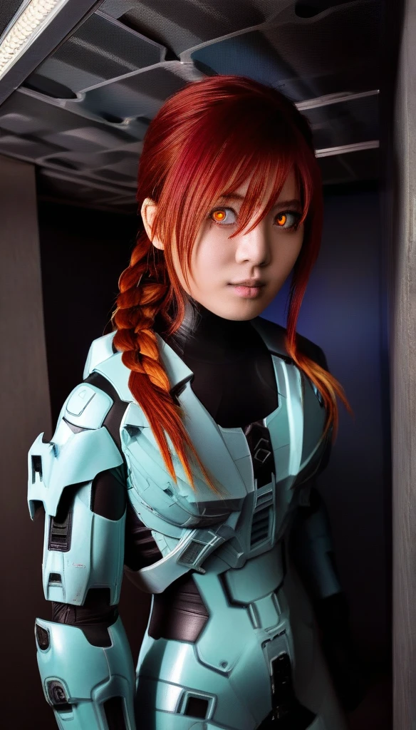 1 Girl、((glowing eyes, red eyes)), Medium Bust、solo、red Hair、Braid、Mobile Race Suit、Shoulder Armor、ceiling、Wide Shot、Looking Ahead、zipup suit 、Closed Mouth、Highest quality、medium quality、22 years old、Mobile Trace System、cockpit、Asian、CyborgCosplay