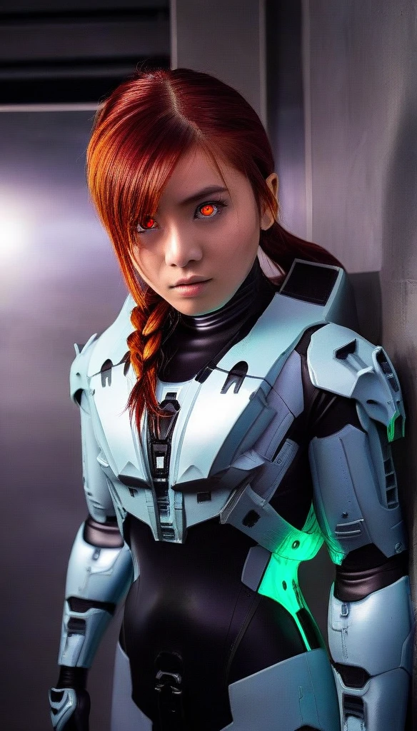 1 Girl、((glowing eyes, red eyes)), Medium Bust、solo、red Hair、Braid、Mobile Race Suit、Shoulder Armor、ceiling、Wide Shot、Looking Ahead、zipup suit 、Closed Mouth、Highest quality、medium quality、22 years old、Mobile Trace System、cockpit、Asian、CyborgCosplay
