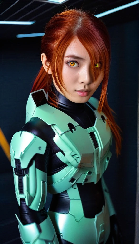 1 Girl、((glowing eyes, red eyes)), Medium Bust、solo、red Hair、Braid、Mobile Race Suit、Shoulder Armor、ceiling、Wide Shot、Looking Ahead、zipup suit 、Closed Mouth、Highest quality、medium quality、22 years old、Mobile Trace System、cockpit、Asian、CyborgCosplay