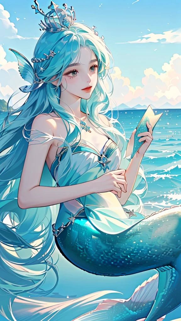 a Mermaid with long hair and a crown is swimming in the ocean, beautiful Mermaid, Mermaid, Goddess of the Sea, Queen of the Sea Mu Yanling, Goddess of the Sea, Wallpaper Anime Blue Water, Mermaid body, a Mermaid in the sea, Asian female water spirit, Jan J, mobile wallpaper, emma watson as sea Mermaid, Mermaids and fish high resolution, Long Hair, Gauze, Highest quality, Gaze, Star Hair Accessories,