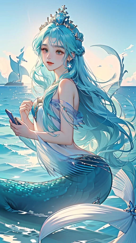 a Mermaid with long hair and a crown is swimming in the ocean, beautiful Mermaid, Mermaid, Goddess of the Sea, Queen of the Sea Mu Yanling, Goddess of the Sea, Wallpaper Anime Blue Water, Mermaid body, a Mermaid in the sea, Asian female water spirit, Jan J, mobile wallpaper, emma watson as sea Mermaid, Mermaids and fish high resolution, Long Hair, Gauze, Highest quality, Gaze, Star Hair Accessories,