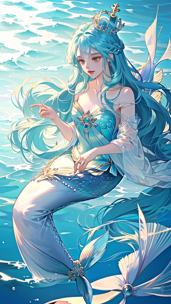 a Mermaid with long hair and a crown is swimming in the ocean, beautiful Mermaid, Mermaid, Goddess of the Sea, Queen of the Sea Mu Yanling, Goddess of the Sea, Wallpaper Anime Blue Water, Mermaid body, a Mermaid in the sea, Asian female water spirit, Jan J, mobile wallpaper, emma watson as sea Mermaid, Mermaids and fish high resolution, Long Hair, Gauze, Highest quality, Gaze, Star Hair Accessories,