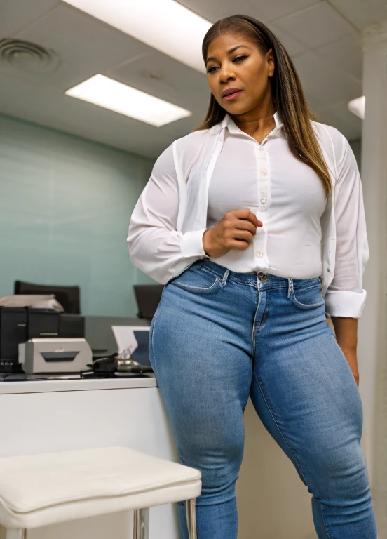 A heavily muscled iffb pro female bodybuilder, Masterpiece, Best Quality, candid photo, (casually beautiful Queen latifah, working in technical support;), (Dressed in a white button-down shirt, tight blue jeans), (name tag), ((a perfect face)), Big perfect eyes, hair-style, annoyed look, big breasts, RTX, Fluorescent lighting, casual, Подробная предыстория Tech Store, photographed on a Canon EOS R5, 85 mm lens, f1.4 aperture, (hyper-detailing, intricate detials), lifelike texture, Photorealistic, HDR, 8K, absurdress, Cinestill 800, sharp-focus
