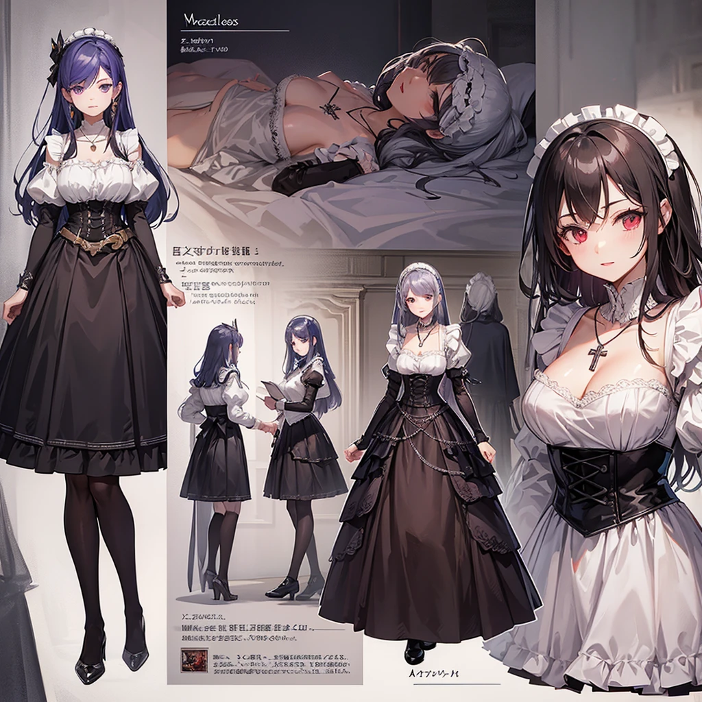 Maid clothes、 Medieval Fantasy、Knight Woman（Cross Necklace　）,vampire、 4 poses,(Character Sheet:1) (Multiple Views Full Body Upper Body Reference Sheet:1)
