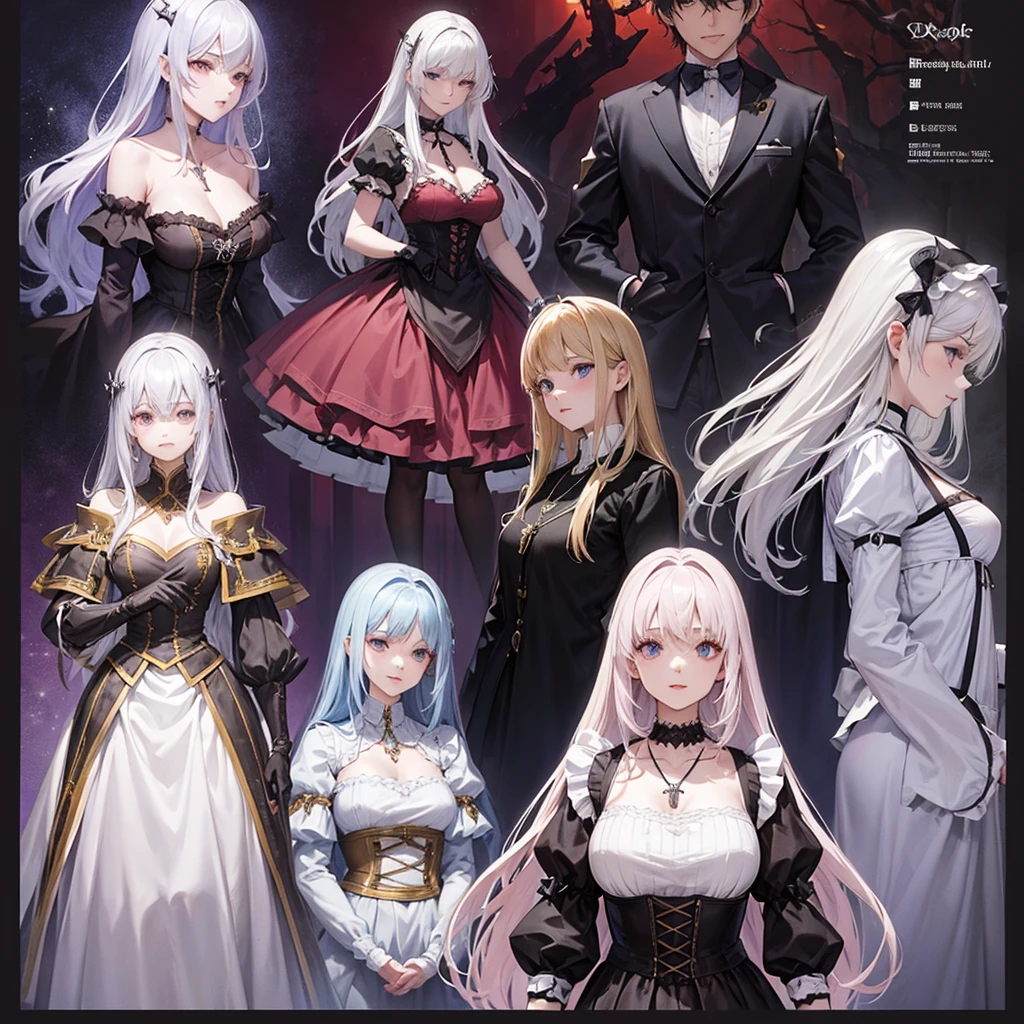 Maid clothes、 Medieval Fantasy、Knight Woman（Cross Necklace　）,vampire、 4 poses,(Character Sheet:1) (Multiple Views Full Body Upper Body Reference Sheet:1)