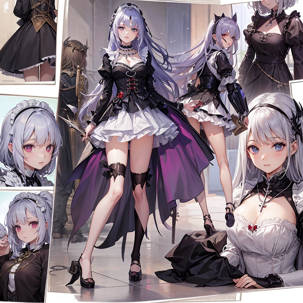 Maid clothes、 Medieval Fantasy、Knight Woman(Cross Necklace ),vampire、 4 poses,(Character Sheet:1) (Multiple Views Full Body Upper Body Reference Sheet:1)