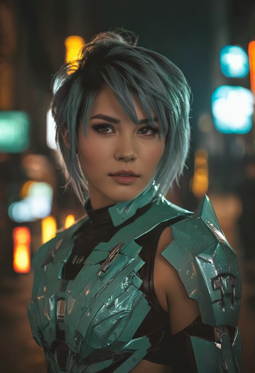 (realistic analog style sharp focus 8k raw photo with soft lighting and high quality:1.1), (hdr film grain:1.2),movie poster, a cute woman wearing a shiny (textured:1.2) (intricate:1.2) cyborgcosplay in a dark street at night, (cinematic hairstyle:1.2)

