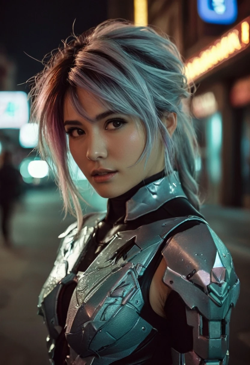 (realistic analog style sharp focus 8k raw photo with soft lighting and high quality:1.1), (hdr film grain:1.2),movie poster, a cute woman wearing a shiny (textured:1.2) (intricate:1.2) cyborgcosplay in a dark street at night, (cinematic hairstyle:1.2)
