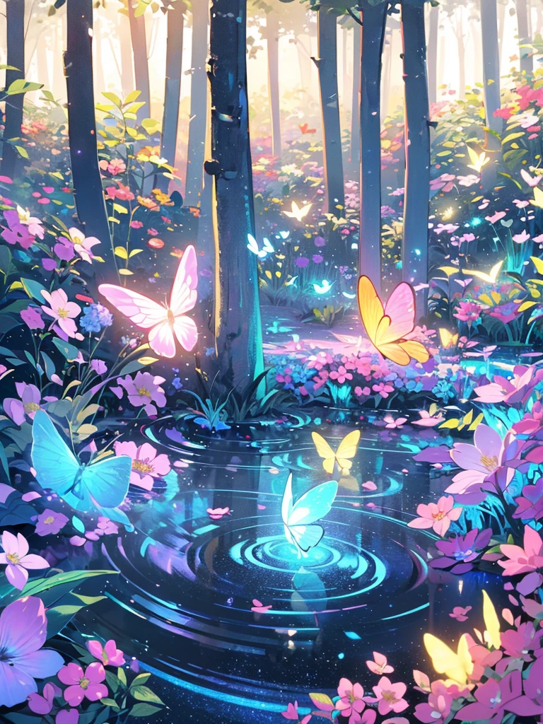 A mystical grove, with luminous flowers, multicolored neon butterflies, crystal clear water, beautiful trees, (((unique view with extremely vivid multicolors without any people))), {extremely detailed 16k CG wallpaper}, expansive natural landscape photography, (wide open field view), (low angle shot), ( high light: 1.4), (low light: 1.2), (warm light source: 1.6), complex details, (iridescent colors: 1.6), (bright lighting), (atmospheric lighting), Dreamy, unique, no people, reflections perfect,(no humans),landscape only, 