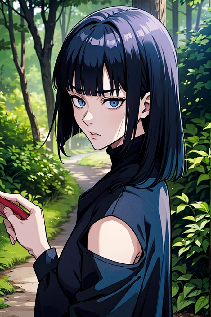 jujutsu kaisen screenshot of a woman with long straight black hair, with straight bangs, with slanted and small blue eyes, In a forest,with mature face,and with the jujutsu kaisen uniform