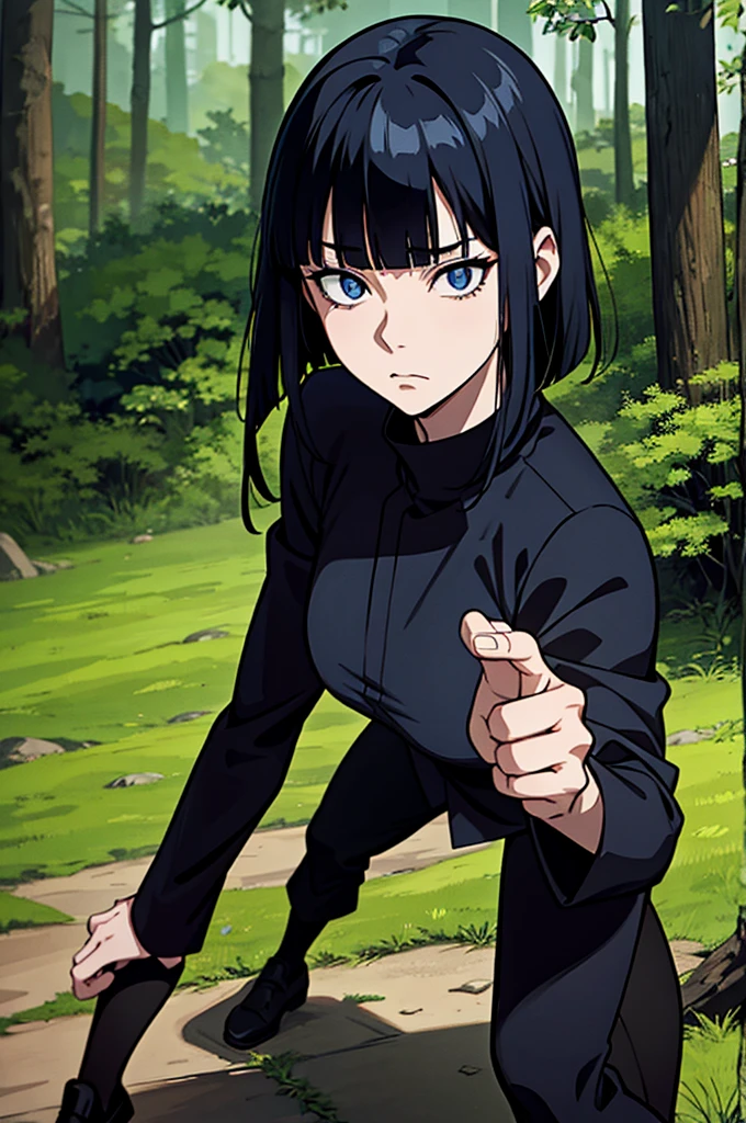 jujutsu kaisen screenshot of a woman with long straight black hair, with straight bangs, with slanted and small blue eyes, In a forest,with mature face,and with the jujutsu kaisen uniform