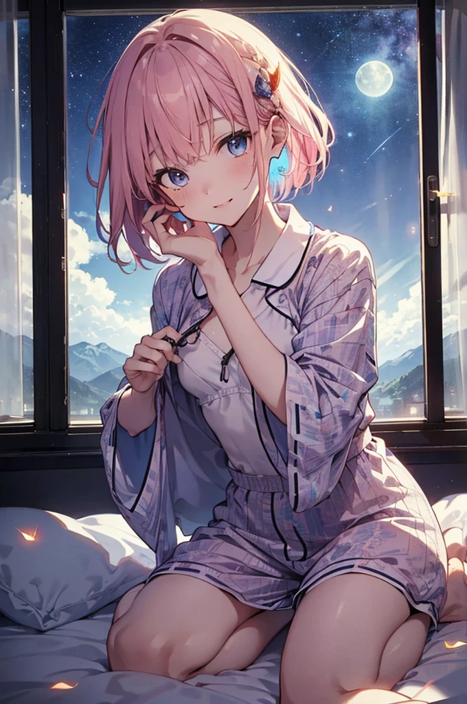 (Dirty looking girl:1.1)、(Daytime:1.5)、(Chest and:1.4)、RAW Photos, Highest quality, High resolution, (masterpiece), (Photorealistic:1.4), (Mole under the eye),anime , Sharp focus, Hmph, 8k resolution, Intricate details, Depth of written boundary, Highly detailed CG Unity 8k wallpaper, Front light, woman,Age 25、 His lips are smiling、(Tying up hair:1.5)、(Medium short pink hair)、(pajamas:1.3)、blue eyes,(Lying in bed:1.5)、(Blue sky seen from the window:1.3)、(Full body description)、(full moon:1.2)、(shooting star:0.9)、(nebula:1.3)、Distant Mountain、Treebreak Production Art、(Warm color Light Source:1.2)、(fire Fly:1.2)、lamp shade、Purple and Orange、Intricate details、Volumetric Lighting、Realism Break (masterpiece:1.2)、(Highest quality)、4K、Super detailed、(Movement Structure:1.4)、Very fine and colorful details、(Rainbow colors:1.2)、(Glowing lights、Atmospheric lighting)、dream-like、Magic