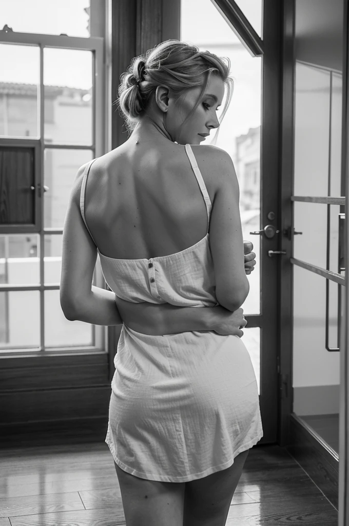 a 60 year old American bourgeois woman, blonde hair in an updo style, beautiful makeup, wearing a white nightgown with wide open breasts, her breasts clearly visible, was standing near the window in the morning, she was hugged affectionately from behind by her husband, a 19 year old American man. years old, undercut blonde hair, wearing a white singlet, jeans shorts, the woman turns to her husband, romantic smile, black and white floor, very detailed, cinematic, photorealistic