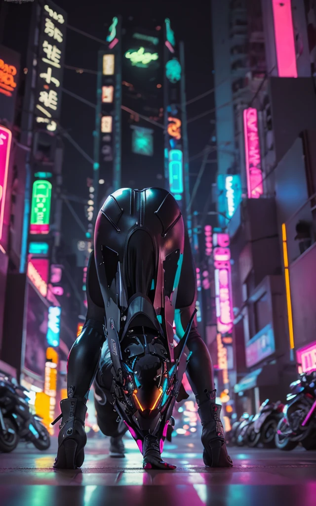 16k image, gorgeous [MAN| Batman], black tight  leather bikeroutfit on body, bikersuit, biker gloves, muscular body, futuristic (all closed cyber helmet) with jackal ears, faceoff, cyberpunk, lustful, seductive, leaning down, bending down, sexy pose, side view, ( on background of night neon japan city ), detailed digital art, cybernetic, detailed palms, detailed biker gloves,