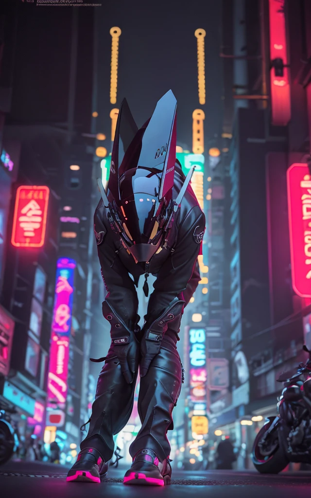16k image, gorgeous [MAN| Batman], black tight  leather bikeroutfit on body, bikersuit, biker gloves, muscular body, futuristic (all closed cyber helmet) with jackal ears, faceoff, cyberpunk, lustful, seductive, leaning down, bending down, sexy pose, side view, ( on background of night neon japan city ), detailed digital art, cybernetic, detailed palms, detailed biker gloves,