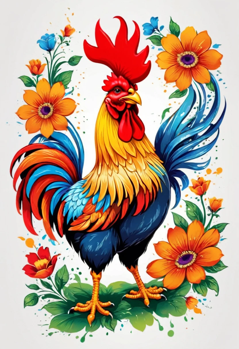 sticker, rectangular with flowers, vectorised, 8k, design  proffesional , colorful illustration of the barcelos rooster in the center, Paint splashes and stains, high détail, t-shirt designs (work of art, best qualityer, proffesional, perfect composition, very aesthetic, absurdrez, super verbose, details Intricate: 1.3