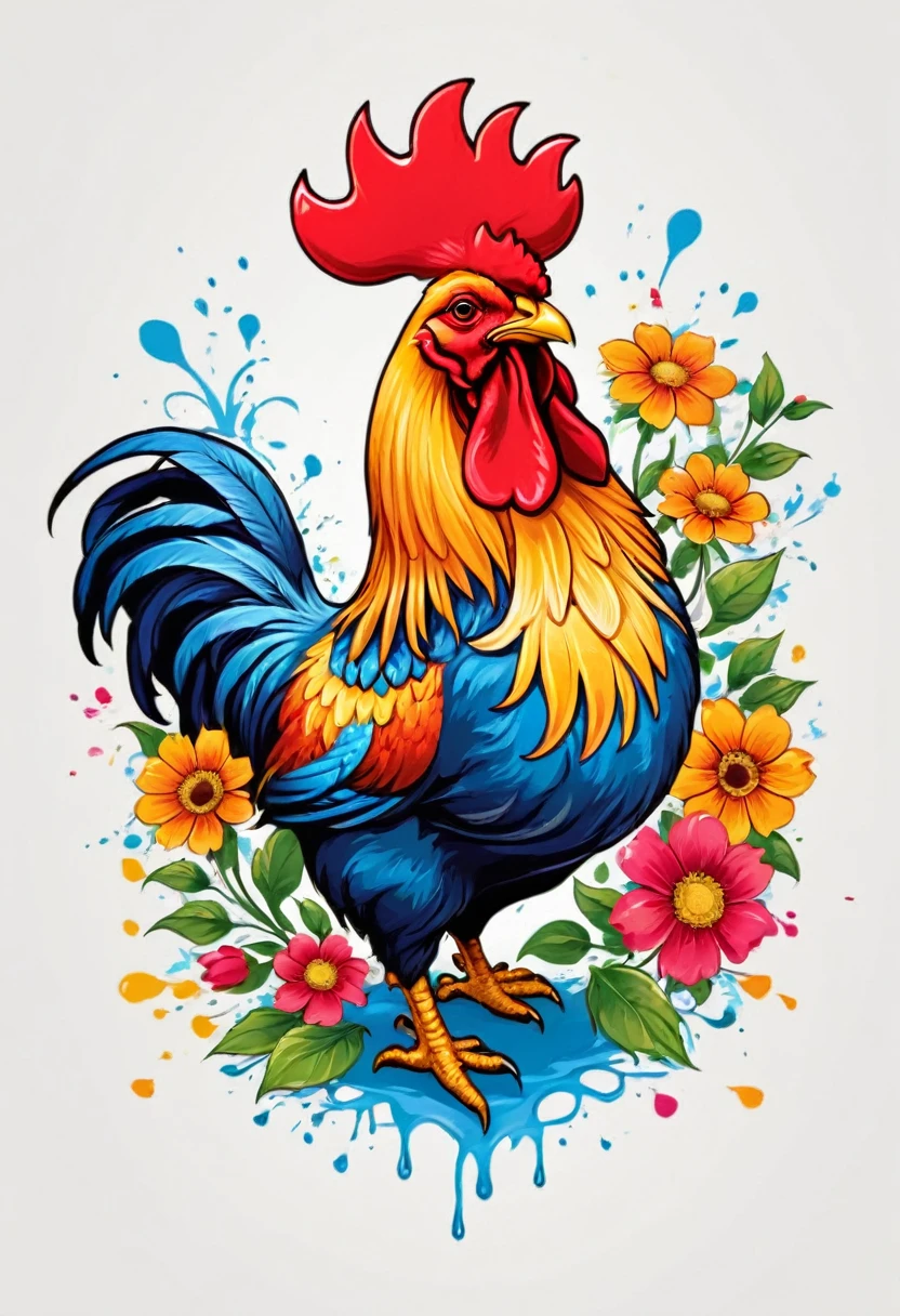sticker, rectangular with flowers, vectorised, 8k, design proffesional , colorful illustration of the barcelos rooster in the center, Paint splashes and stains, high détail, t-shirt designs (work of art, best qualityer, proffesional, perfect composition, very aesthetic, absurdrez, super verbose, details Intricate: 1.3