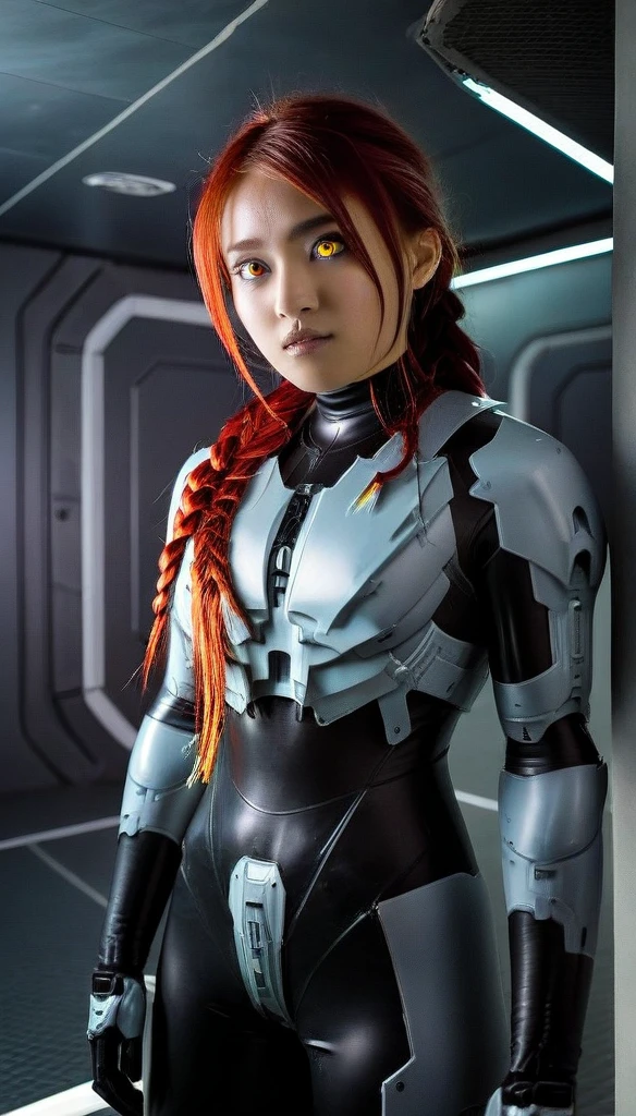 1 Girl、Lifeguard ((glowing eyes, red eyes)), Medium Bust、solo、red Hair、Braid、Mobile Race Suit、Shoulder Armor、ceiling、Wide Shot、Looking Ahead、zipup suit 、Closed Mouth、Highest quality、medium quality、22 years old、Mobile Trace System、cockpit、Asian、CyborgCosplay
