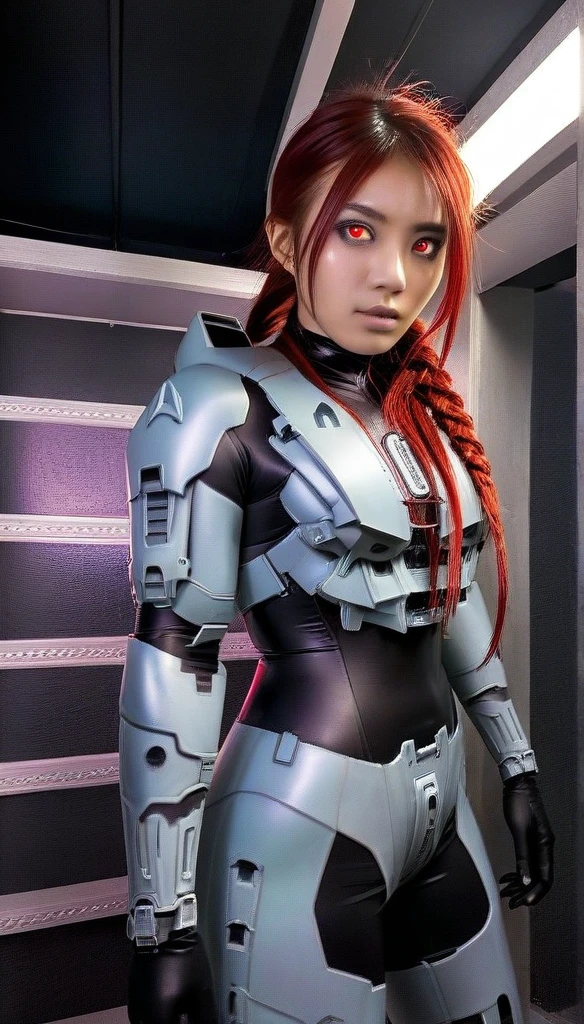 1 Girl、Lifeguard ((glowing eyes, red eyes)), Medium Bust、solo、red Hair、Braid、Mobile Race Suit、Shoulder Armor、ceiling、Wide Shot、Looking Ahead、zipup suit 、Closed Mouth、Highest quality、medium quality、22 years old、Mobile Trace System、cockpit、Asian、CyborgCosplay
