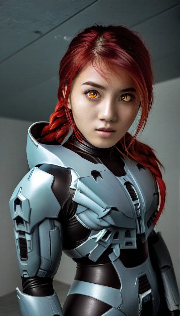 1 Girl、Lifeguard ((glowing eyes, red eyes)), Medium Bust、solo、red Hair、Braid、Mobile Race Suit、Shoulder Armor、ceiling、Wide Shot、Looking Ahead、zipup suit 、Closed Mouth、Highest quality、medium quality、22 years old、Mobile Trace System、cockpit、Asian、CyborgCosplay
