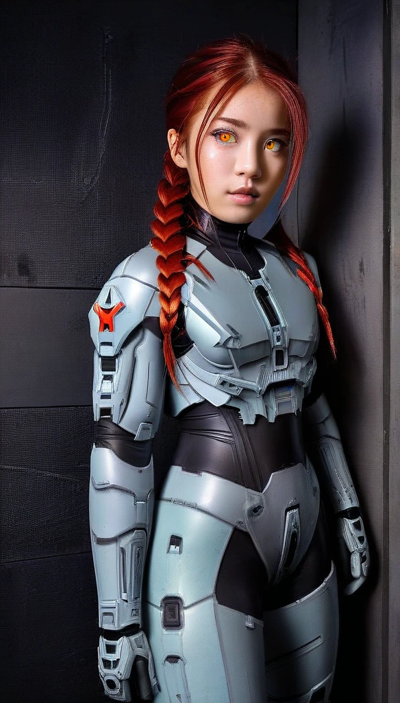 1 Girl、Lifeguard ((glowing eyes, red eyes)), Medium Bust、solo、red Hair、Braid、Mobile Race Suit、Shoulder Armor、ceiling、Wide Shot、Looking Ahead、zipup suit 、Closed Mouth、Highest quality、medium quality、22 years old、Mobile Trace System、cockpit、Asian、CyborgCosplay
