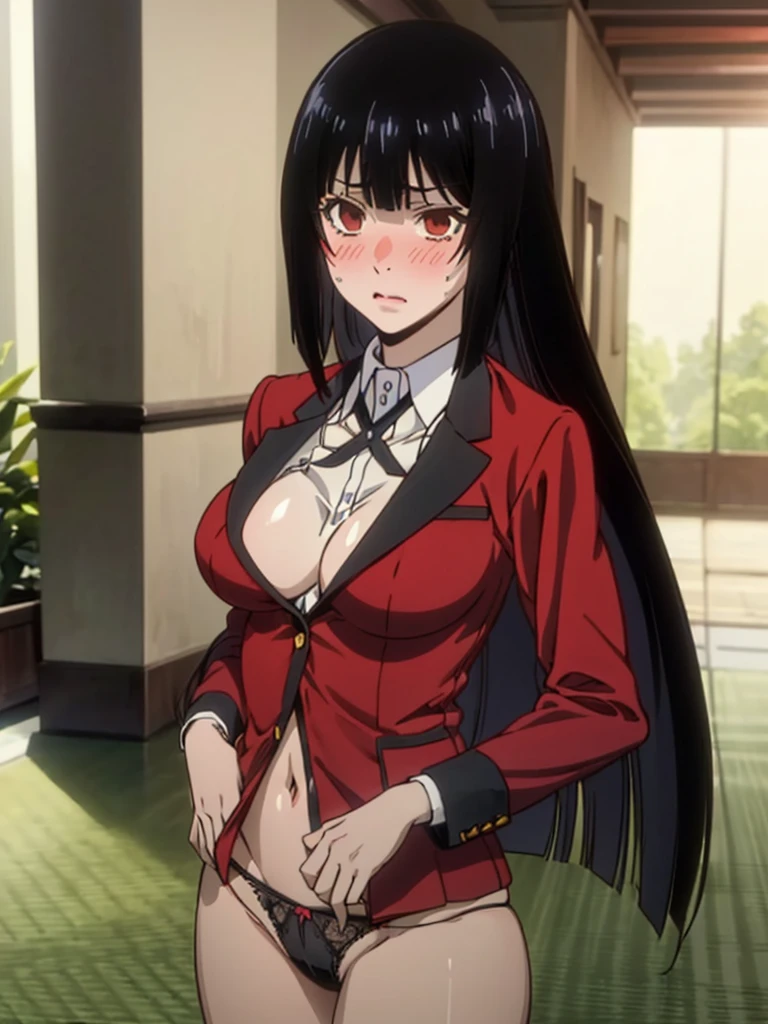 official style, yumeko jabami, very aesthetic, best quality, intricate, overall detail, viewer holding leash, public bondage, public indecency, public nudity, restrained, nsfw, 1 girl, nude,(((nsfw,(black hair,long hair,blunt bangs))), collar, shibari, standing, bent over, nipples, navel, pussy, sensitive, humiliation, teardrop, nose blush, sad, {{{speech bubble}}}, outdoor, school hallway, facing the front, straight-on, close to viewer, cowboy shot, face focus, intricate, hyper-detailed, 100-layer, {{{{ultra-high resolution}}}}, {{{hi-vision anime}}},(((red blazer, , ,panties,glamor))) 