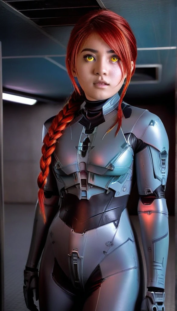 1 Girl、Lifeguard ((glowing eyes, red eyes)), Medium Bust、solo、red Hair、Braid、Mobile Race Suit、Shoulder Armor、ceiling、Wide Shot、Looking Ahead、zipup suit 、Closed Mouth、Highest quality、medium quality、22 years old、Mobile Trace System、cockpit、Asian、CyborgCosplay
