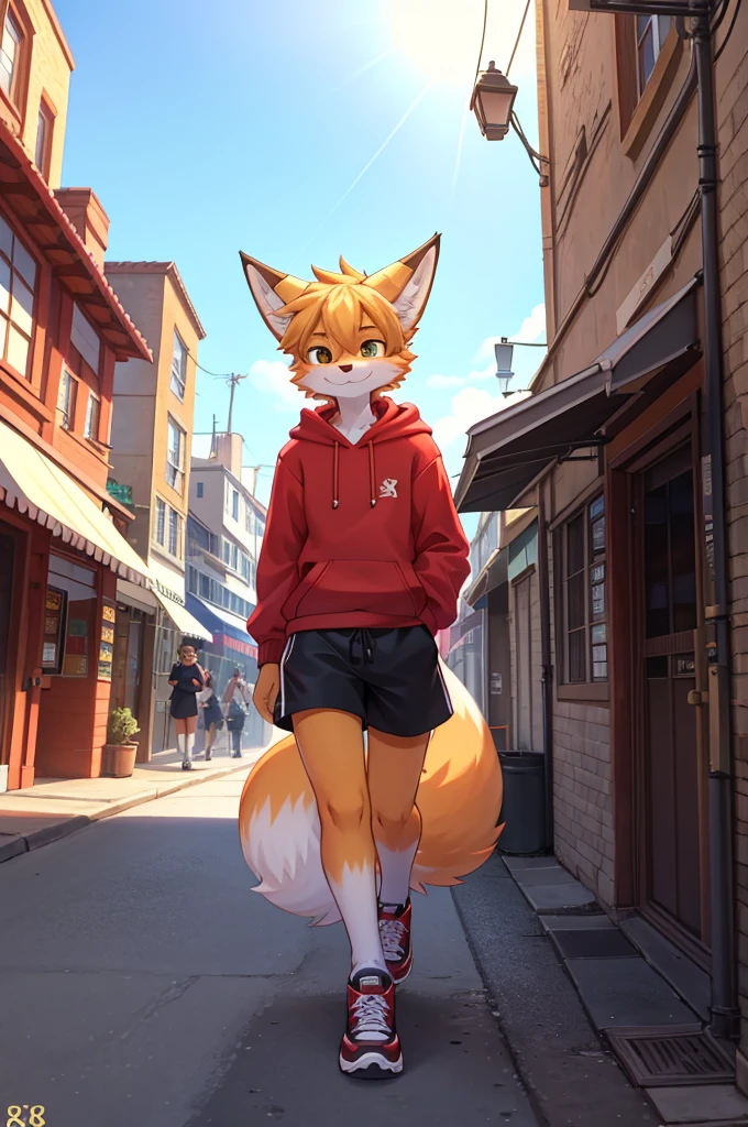 fox boy,Street style clothing,8k resolution,                Walking through town,It's bright outside,sunny,,Age is ************,        One person,Red hoodie and black shorts