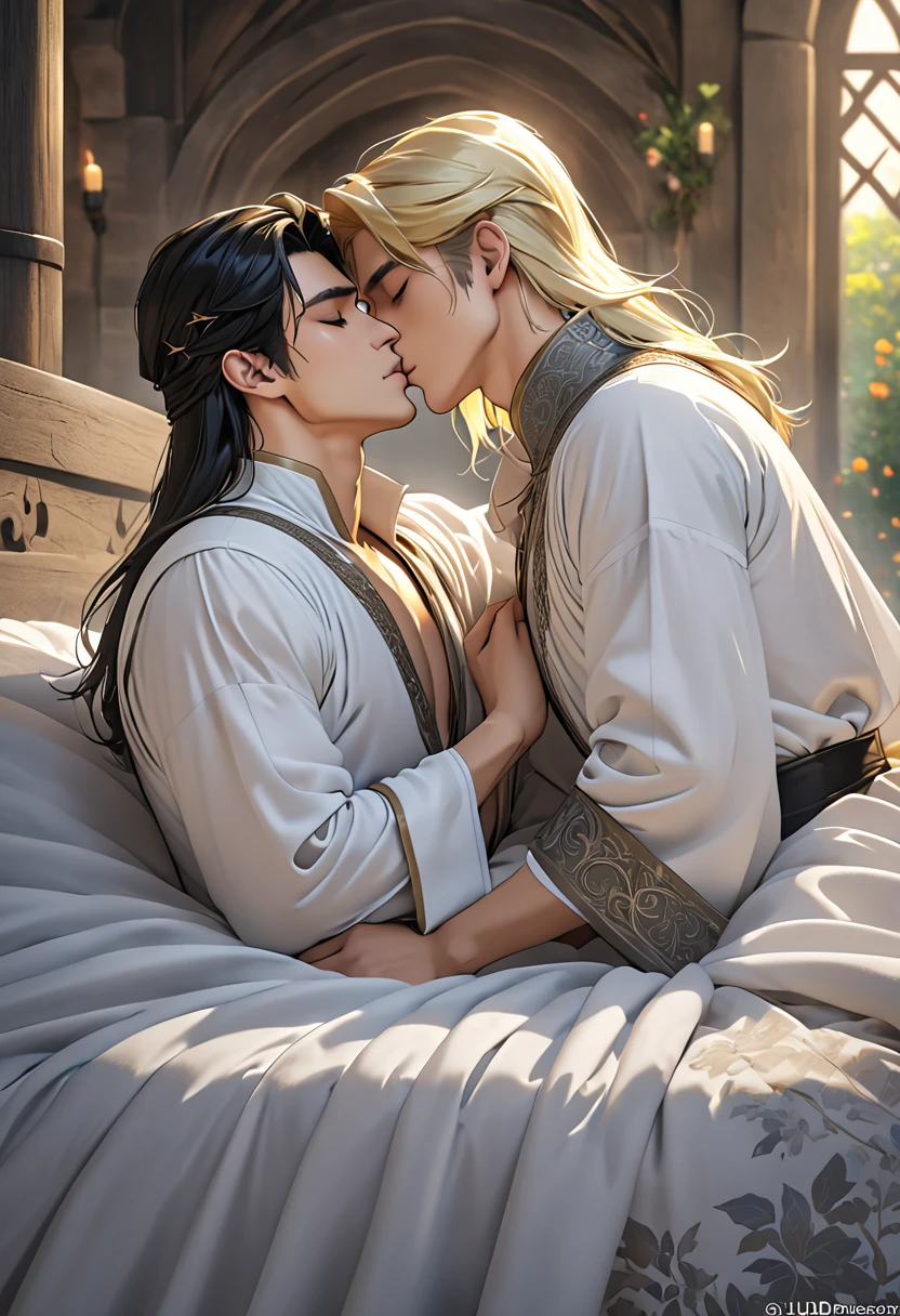 2 sexy males 25 year old, anime elves in a sensual pose medieval poster bed kissing under the sheer sheets, kissing each other, long blond/black hair, perfect intimate position, perfect composition, perfect hands and face, masterpiece, black/white color, UHD, 32k,