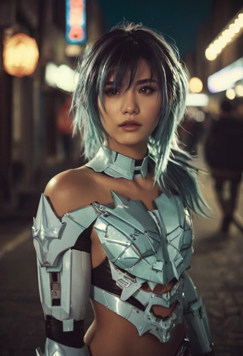 (realistic analog style sharp focus 8k raw photo with soft lighting and high quality:1.1), (hdr film grain:1.2),movie poster, a cute woman wearing a shiny (textured:1.2) (intricate:1.2) cyborgcosplay in a dark street at night, (cinematic hairstyle:1.2)