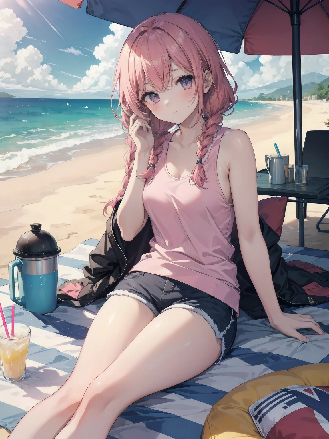 (Masterpiece: 1.2), (Best quality: 1.2), high resolution, detailed. BREAK. ((Cute girl with red hair in twin braids)), (1, pink tank top and shorts, , content expression: 1.3), drinking cold lemonade with straw, lying on beach towel. BREAK. Sunny beach, large umbrella, sandy beach, ocean with gentle waves, people playing in water. BREAK. ((Bright sunlight)), shimmering water, small portable fan nearby. BREAK. ((Positive: 1.3)). BREAK. Cheerful digital illustration, beach vacation mood