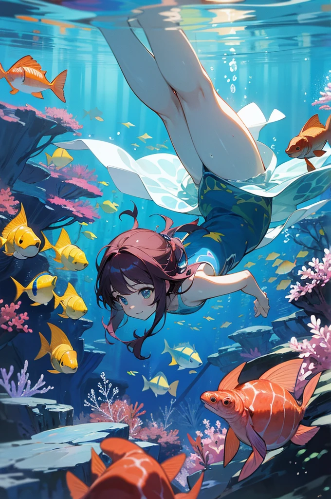 anime style, super fine illustration, highly detailed, dynamic angle, beautiful detailed, 8k, In the summer, at midday, underwater, BREAK vivid tropical fish swim in schools, surrounded by colorful corals on the seabed. A graceful sea turtle swims among them. BREAK A beautiful swimmer swims happily around, smiling occasionally. BREAK Sunlight filters through the water, brightly illuminating the scene. BREAK Everyone is enjoying the underwater world.masterpiece,best quality,super detailed,super fine illustration,8k,pov,perfect face,perfect fingers