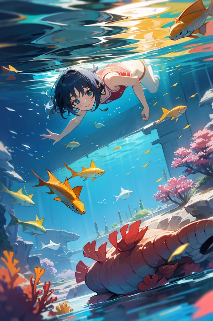 anime style, super fine illustration, highly detailed, dynamic angle, beautiful detailed, 8k, In the summer, at midday, underwater, BREAK vivid tropical fish swim in schools, surrounded by colorful corals on the seabed. A graceful sea turtle swims among them. BREAK A beautiful swimmer swims happily around, smiling occasionally. BREAK Sunlight filters through the water, brightly illuminating the scene. BREAK Everyone is enjoying the underwater world.masterpiece,best quality,super detailed,super fine illustration,8k,pov,perfect face,perfect fingers