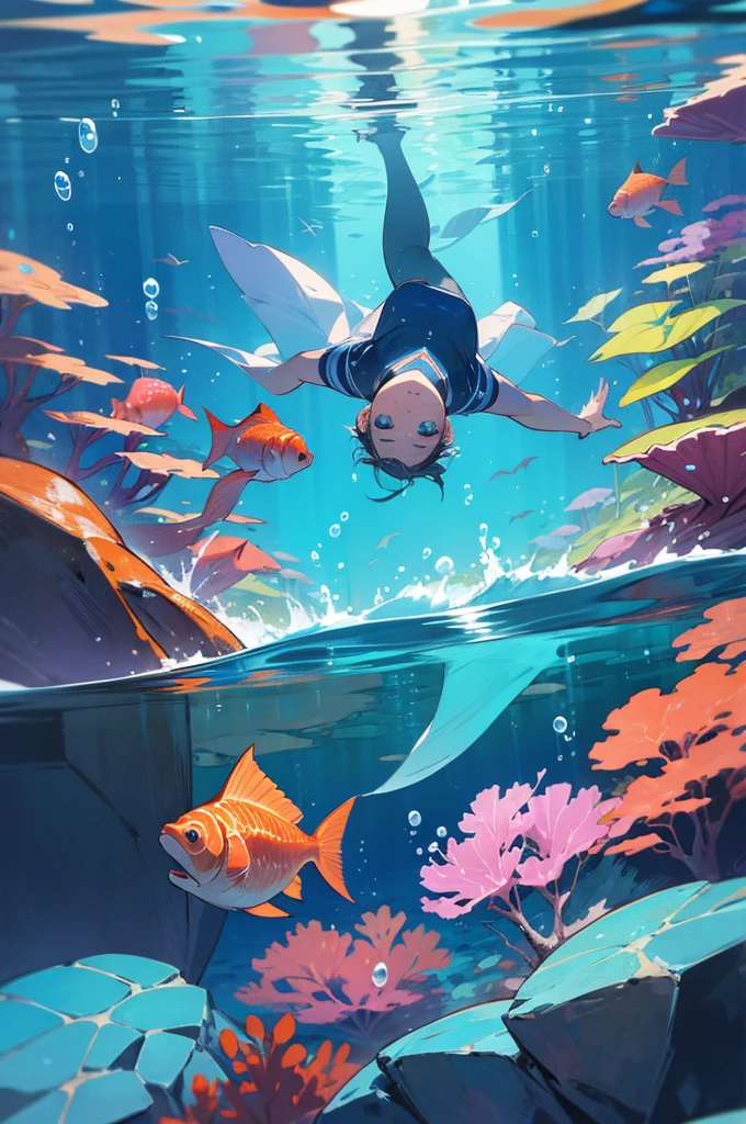 anime style, super fine illustration, highly detailed, dynamic angle, beautiful detailed, 8k, In the summer, at midday, underwater, BREAK vivid tropical fish swim in schools, surrounded by colorful corals on the seabed. A graceful sea turtle swims among them. BREAK A beautiful swimmer swims happily around, smiling occasionally. BREAK Sunlight filters through the water, brightly illuminating the scene. BREAK Everyone is enjoying the underwater world.masterpiece,best quality,super detailed,super fine illustration,8k,pov,perfect face,perfect fingers