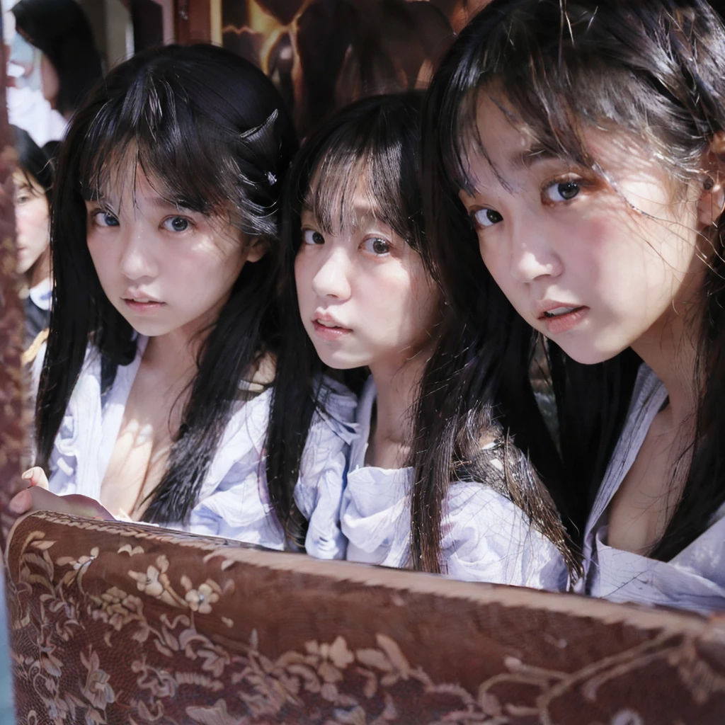 (High resolution, Super detailed, Realistic), Four Girls, Two people who look just like Shan meet for the first time, clone, Doppelganger, twins, encounter, 初めてのencounter, (Looking at each other:1.1), unawareness, surprised, surprised, Walking, Realistic Face, Realistic expression, Urban Background