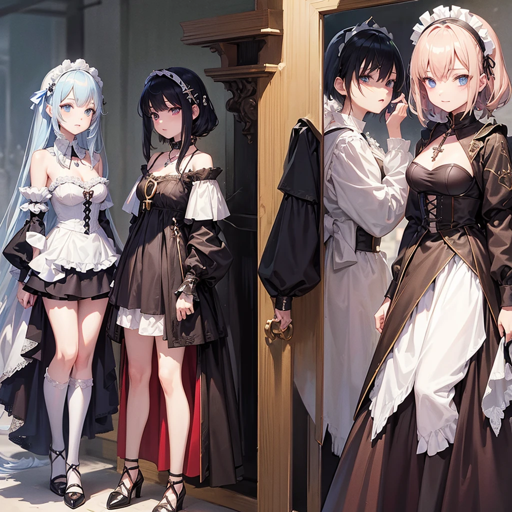 Maid clothes、 Medieval Fantasy、Knight Woman(Cross Necklace noble),vampire、 4 poses,(Character Sheet:1) (Multiple Views Full Body Upper Body Reference Sheet:1)