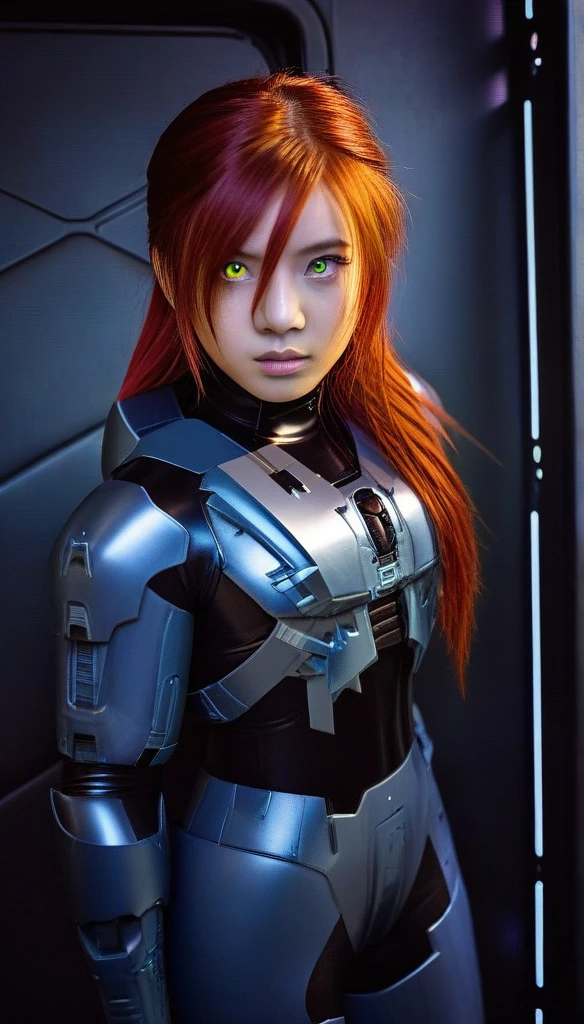 1 Girl、((glowing eyes, red eyes)), Medium Bust、solo、red Hair、Braid、Mobile Race Suit、Shoulder Armor、ceiling、Wide Shot、Looking Ahead、zipup suit 、Closed Mouth、Highest quality、medium quality、22 years old、Mobile Trace System、cockpit、Asian、CyborgCosplay
