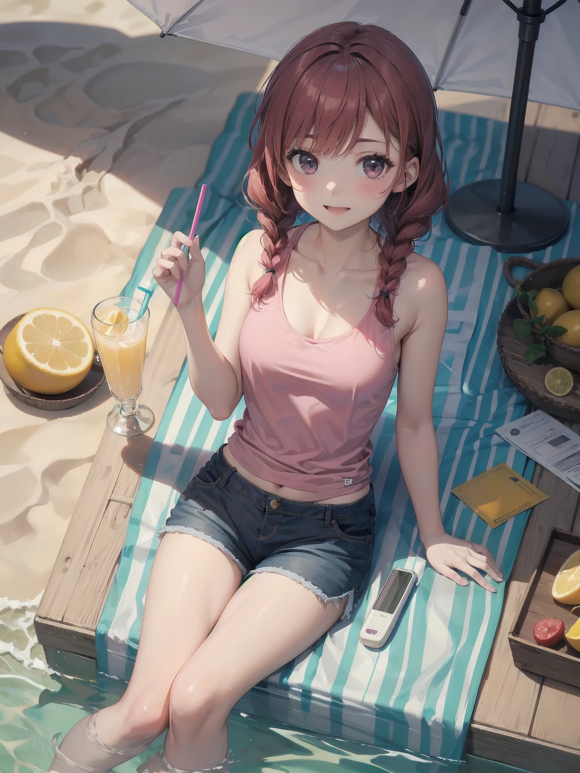 (Masterpiece: 1.2), (Best quality: 1.2), high resolution, detailed. BREAK. ((Cute girl with red hair in twin braids)), (1, pink tank top and shorts, , content expression: 1.3), drinking cold lemonade with straw, lying on beach towel. BREAK. Sunny beach, large umbrella, sandy beach, ocean with gentle waves, people playing in water. BREAK. ((Bright sunlight)), shimmering water, small portable fan nearby. BREAK. ((Positive: 1.3)). BREAK. Cheerful digital illustration, beach vacation mood