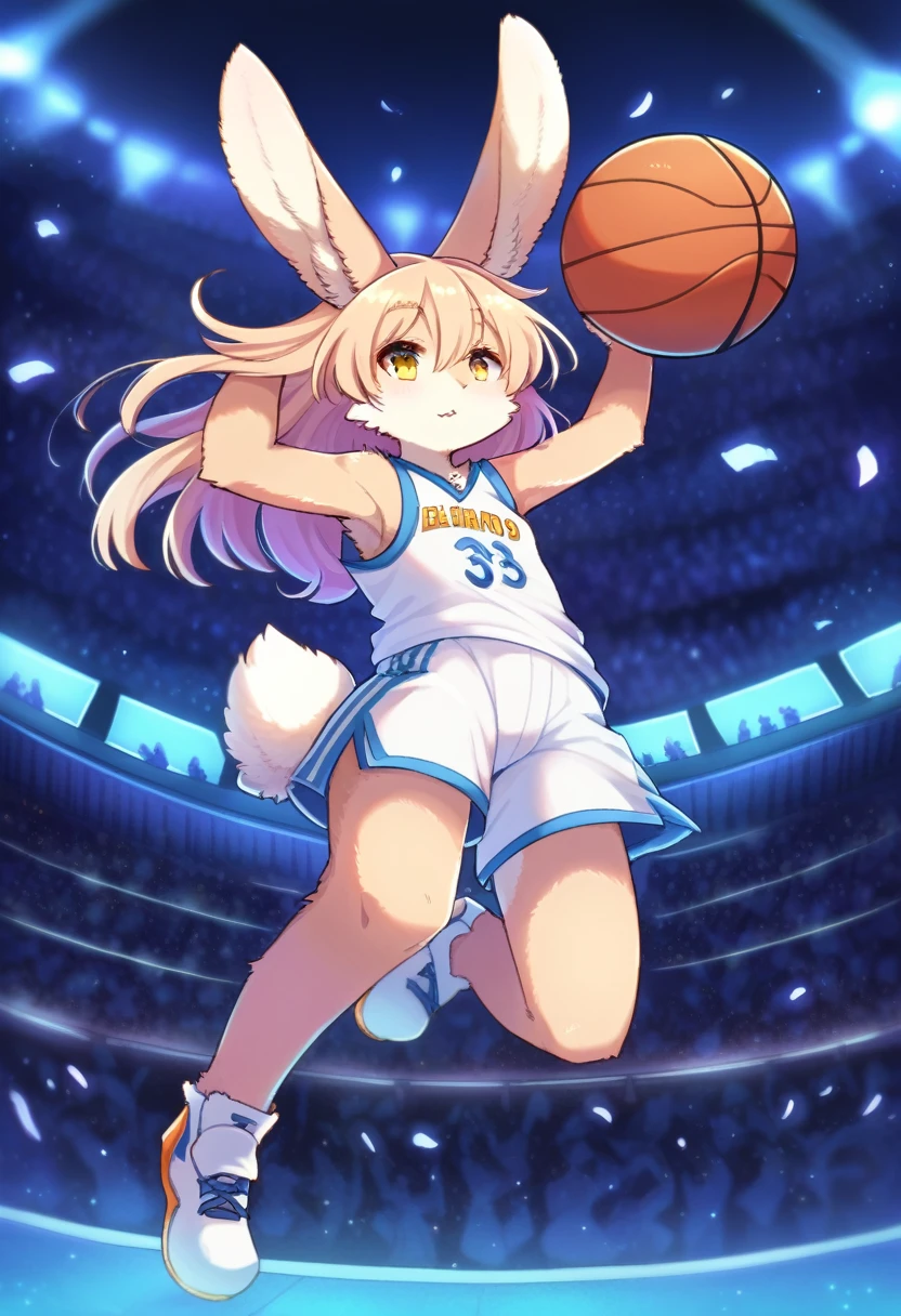 ((Masterpiece)), ((Best Quality)), (Very Detailed), ((Very Detailed)), 4K, (8K), very aesthetic, absurdres highres, 1 girl, (anthropomorphic rabbit, furry, kemono:1.8), Basketball player, (dunk shot, jump, grabbing rim), white uniform, stadium, audience, scoreboard, night, stadium lighting, victory look, powerful movement, team logo, jersey number, cheering crowd, stadium structure