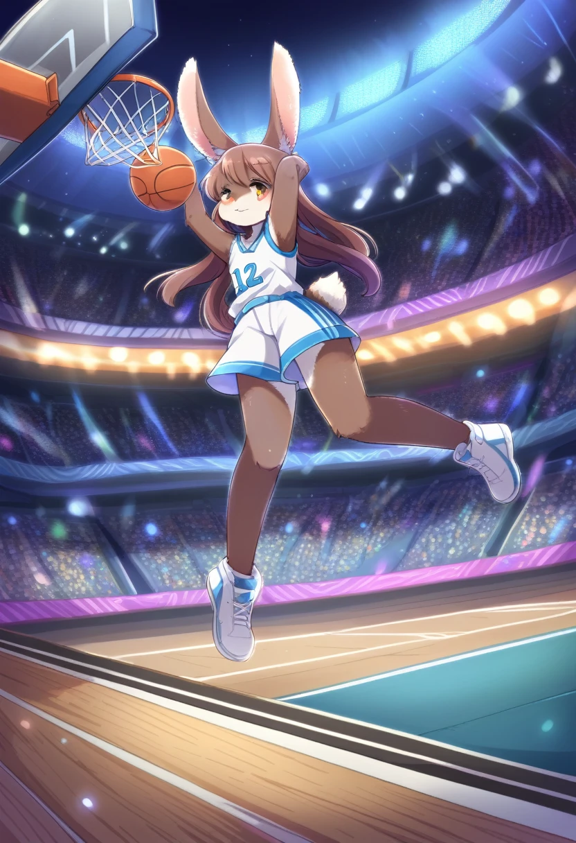((Masterpiece)), ((Best Quality)), (Very Detailed), ((Very Detailed)), 4K, (8K), very aesthetic, absurdres highres, 1 girl, (anthropomorphic rabbit, furry, kemono:1.8), Basketball player, (dunk shot, jump, grabbing rim), white uniform, stadium, audience, scoreboard, night, stadium lighting, victory look, powerful movement, team logo, jersey number, cheering crowd, stadium structure