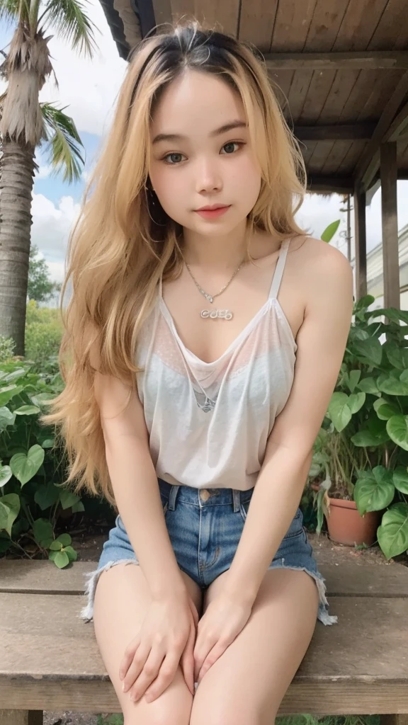 1girl, cute, smaller chest, blonde hair, long hair, wavy hair, bangs, sheer tank top, shorts jeans, sitting, outdoor, full-body portrait, (best quality,4k,8k,highres,masterpiece:1.2),ultra-detailed,(realistic,photorealistic,photo-realistic:1.37)