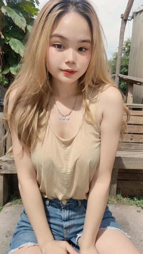 1girl, cute, smaller chest, blonde hair, long hair, wavy hair, bangs, sheer tank top, shorts jeans, sitting, outdoor, full-body portrait, (best quality,4k,8k,highres,masterpiece:1.2),ultra-detailed,(realistic,photorealistic,photo-realistic:1.37)